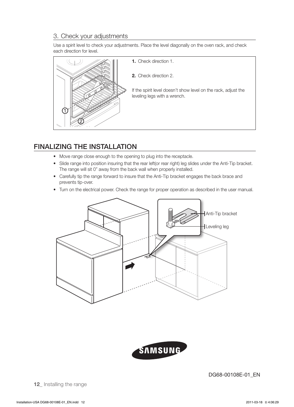 Finalizing the installation, Check your adjustments | Samsung FE-N500WX-XAA User Manual | Page 12 / 12