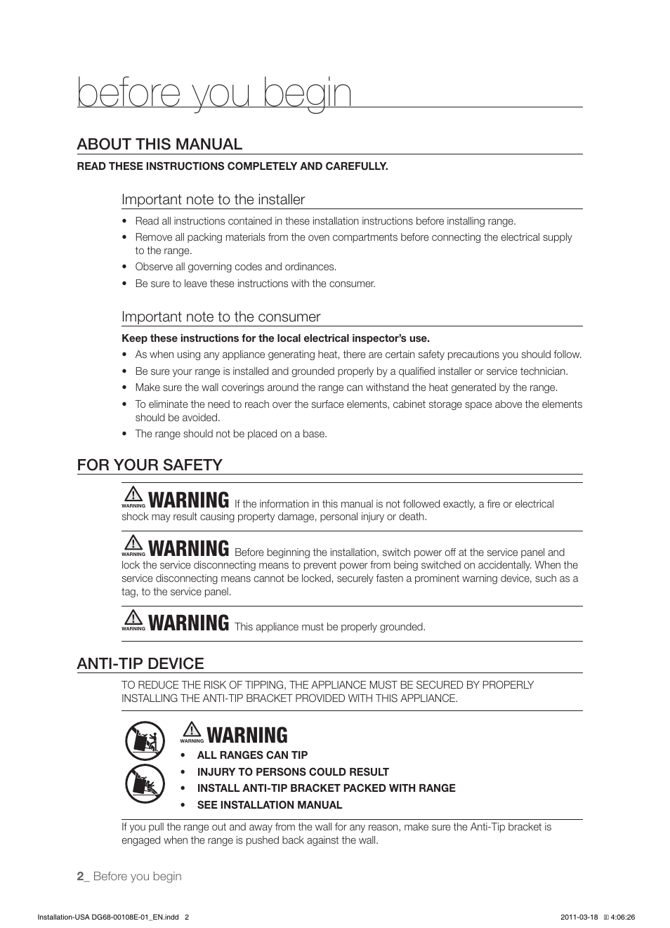 Before you begin, About this manual, For your safety | Anti-tip device, Warning | Samsung FE-N500WX-XAA User Manual | Page 2 / 12