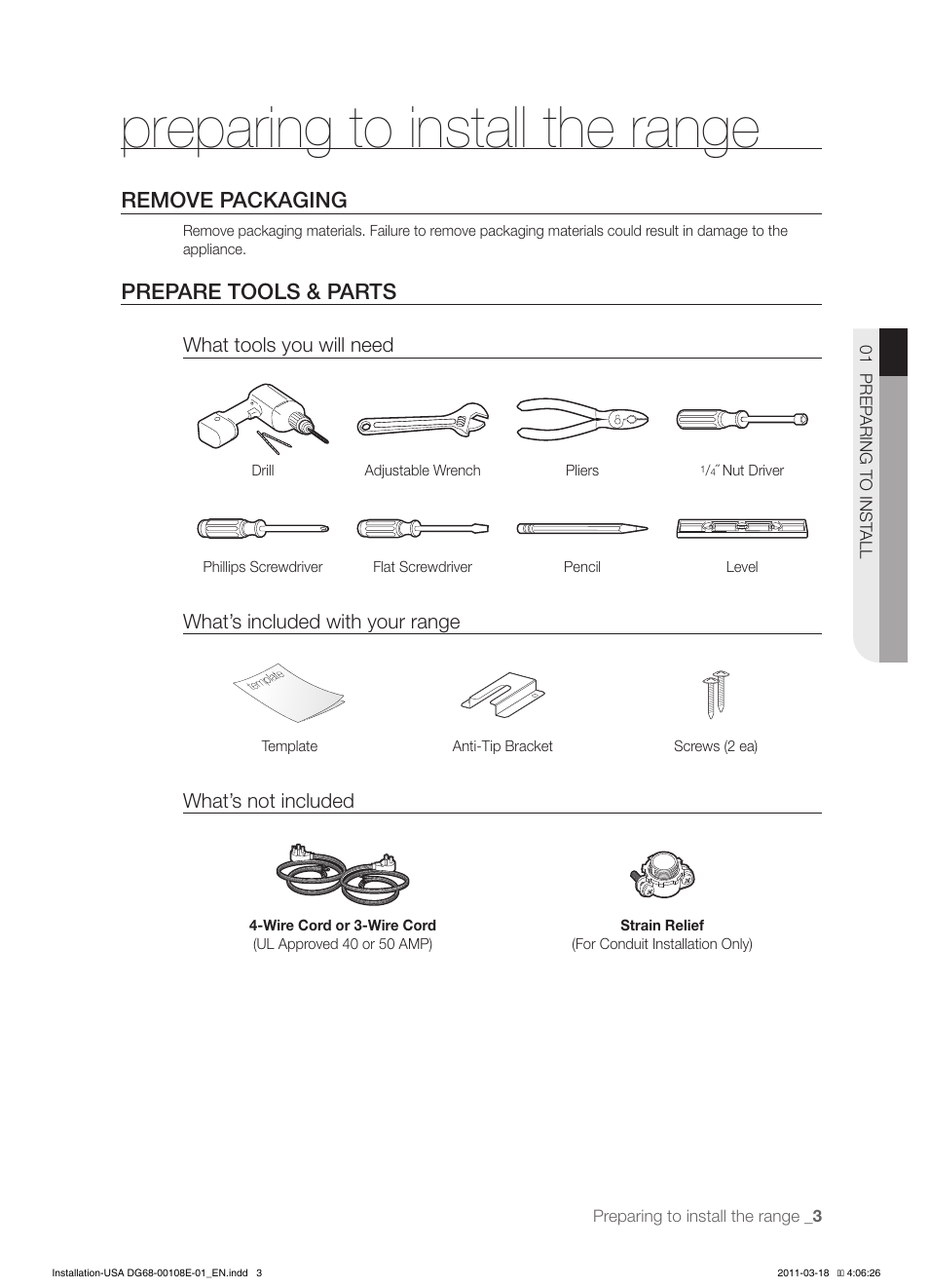 Preparing to install the range, Remove packaging, Prepare tools & parts | Samsung FE-N500WX-XAA User Manual | Page 3 / 12