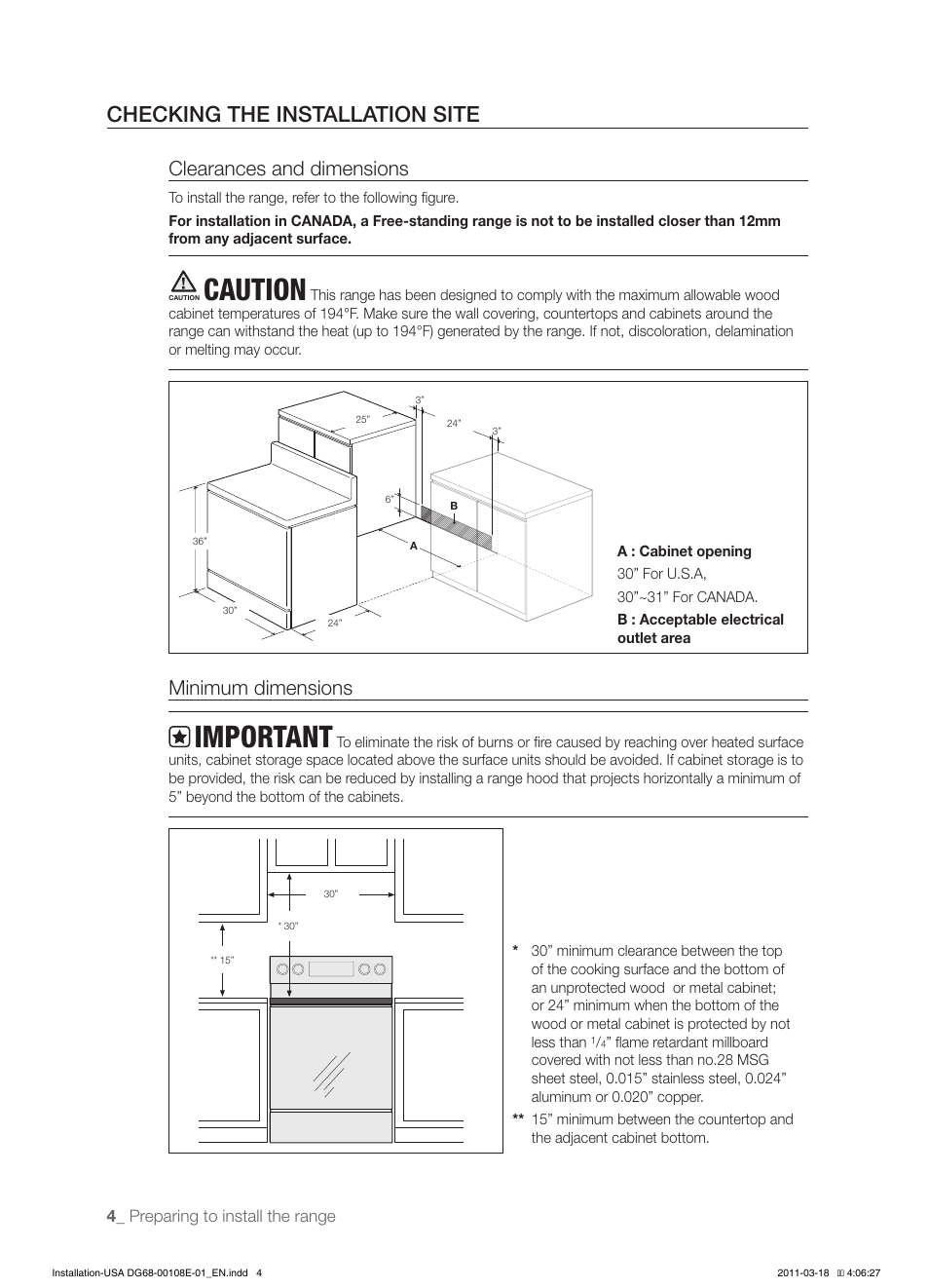 Checking the installation site, Caution, Important | Clearances and dimensions, Minimum dimensions | Samsung FE-N500WX-XAA User Manual | Page 4 / 12