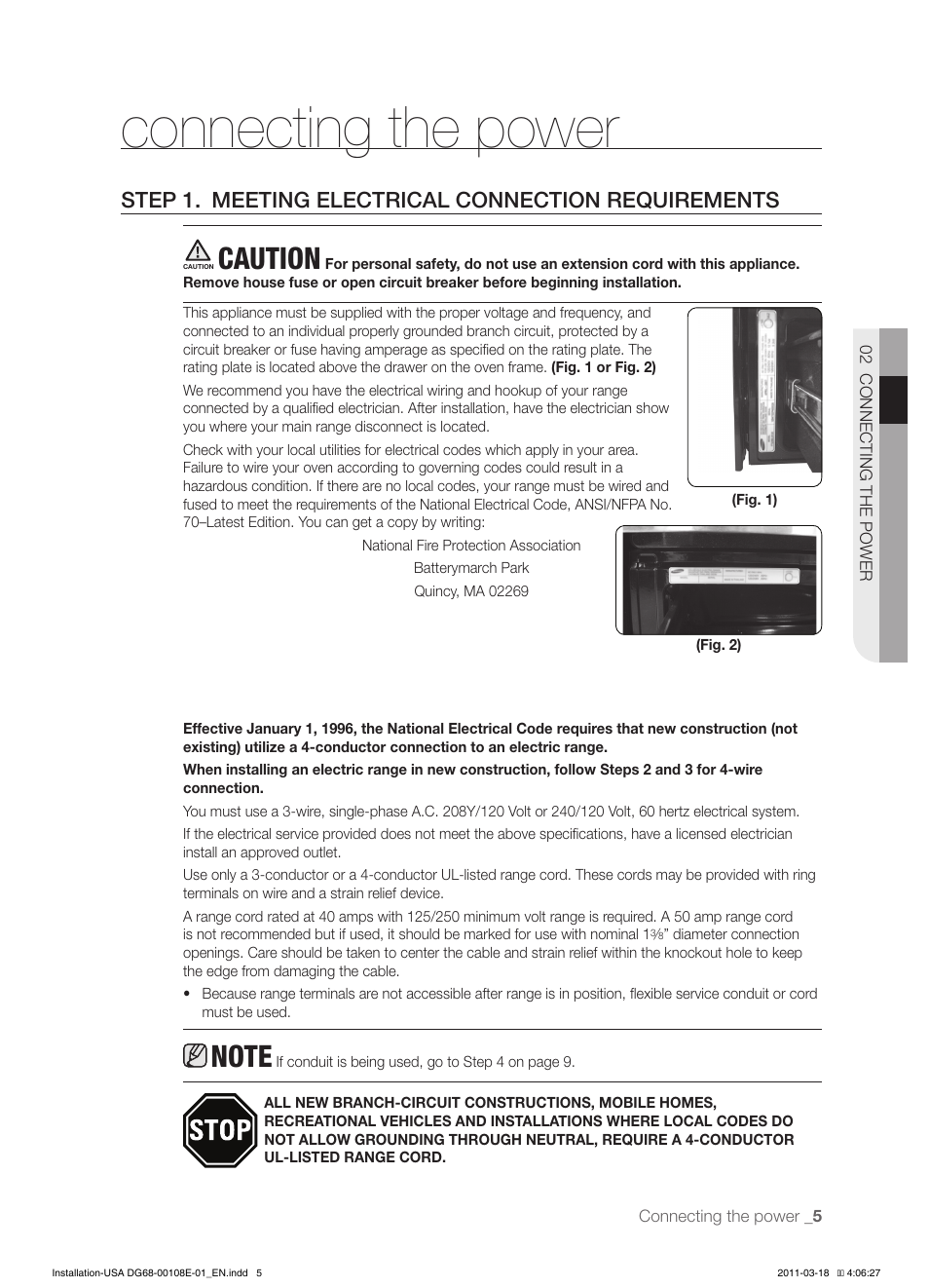 Connecting the power, Caution, Step 1. meeting electrical connection requirements | Samsung FE-N500WX-XAA User Manual | Page 5 / 12