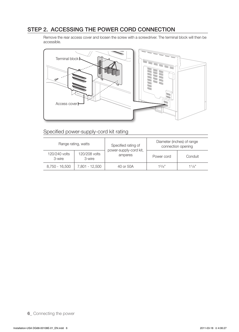 Step 2. accessing the power cord connection, Specified power-supply-cord kit rating | Samsung FE-N500WX-XAA User Manual | Page 6 / 12