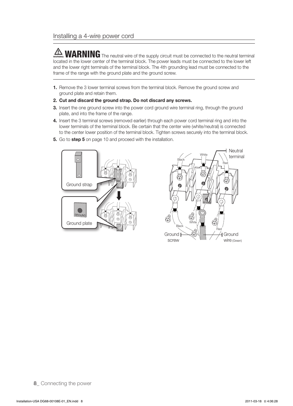 Warning, Installing a 4-wire power cord | Samsung FE-N500WX-XAA User Manual | Page 8 / 12