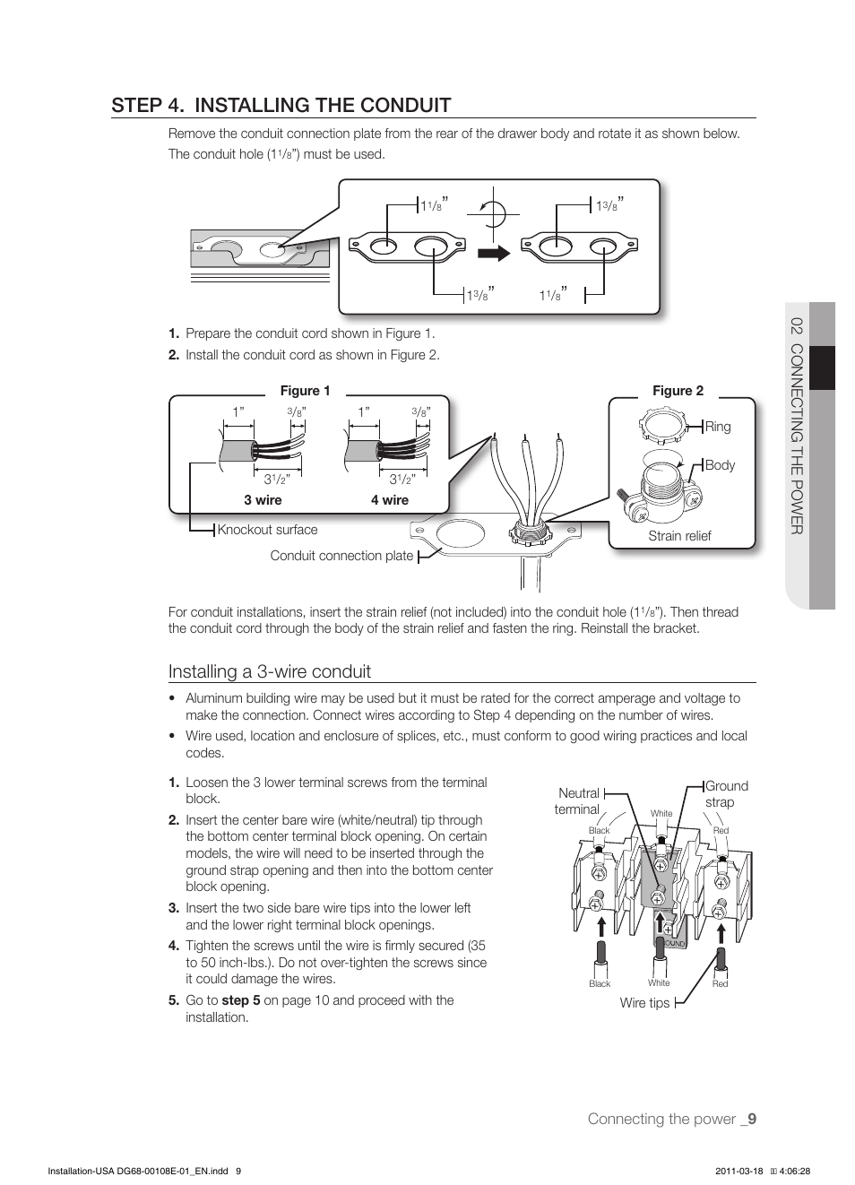 Step 4. installing the conduit, Installing a 3-wire conduit | Samsung FE-N500WX-XAA User Manual | Page 9 / 12