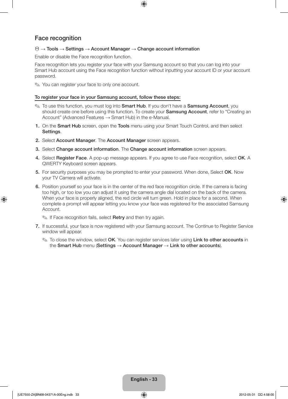 Face recognition | Samsung UN60ES7550FXZA User Manual | Page 33 / 64