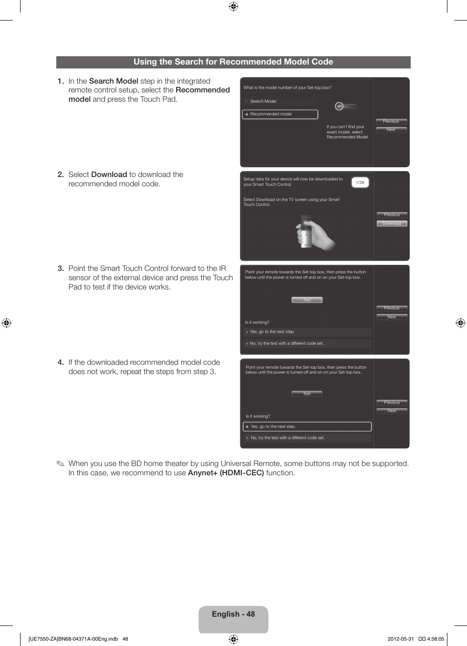 Using the search for recommended model code, English - 48 | Samsung UN60ES7550FXZA User Manual | Page 48 / 64