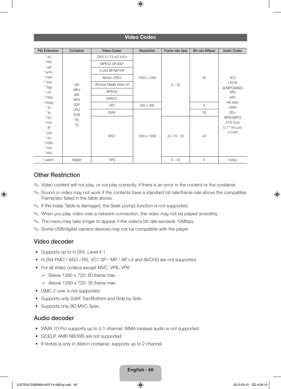 Other restriction, Video decoder, Audio decoder | Video codec | Samsung UN60ES7550FXZA User Manual | Page 60 / 64