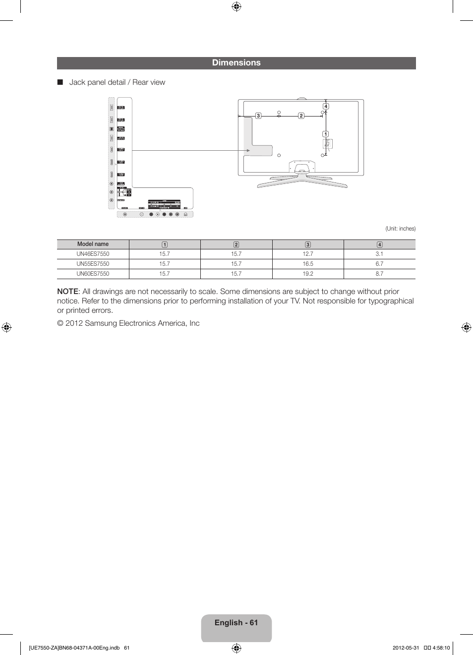 Dimensions | Samsung UN60ES7550FXZA User Manual | Page 61 / 64