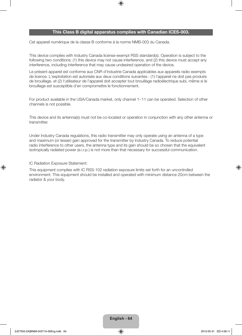 Samsung UN60ES7550FXZA User Manual | Page 64 / 64