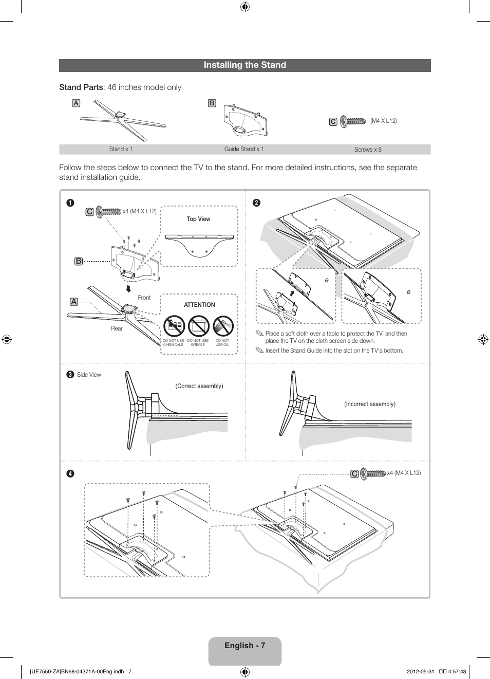 Installing the stand | Samsung UN60ES7550FXZA User Manual | Page 7 / 64