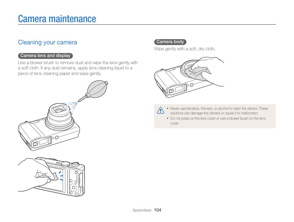 Camera maintenance, Cleaning your camera, Cleaning your camera ……………………………… 104 | Samsung EC-WB700ZBPBCA User Manual | Page 105 / 130
