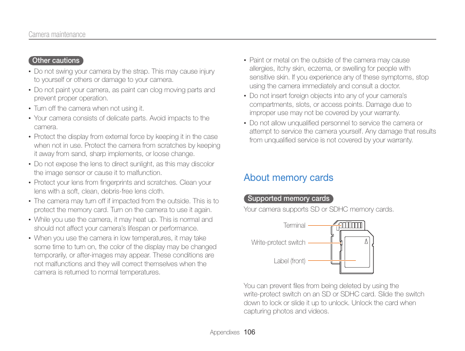 About memory cards, About memory cards ……………………………… 106 | Samsung EC-WB700ZBPBCA User Manual | Page 107 / 130