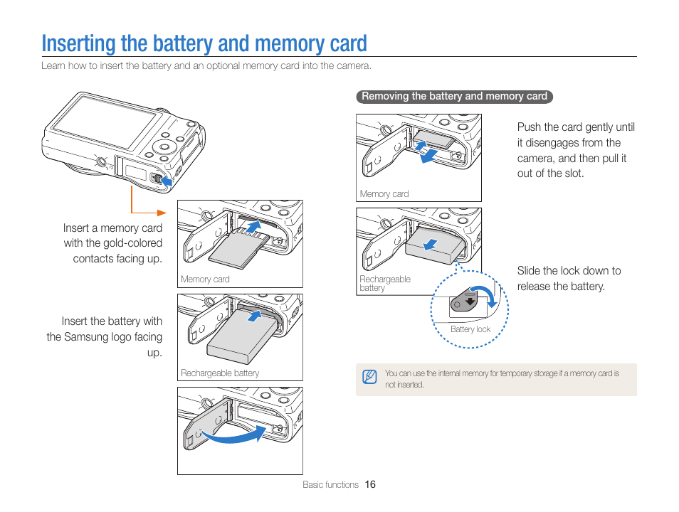 Inserting the battery and memory card | Samsung EC-WB700ZBPBCA User Manual | Page 17 / 130