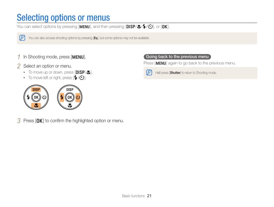 Selecting options or menus | Samsung EC-WB700ZBPBCA User Manual | Page 22 / 130