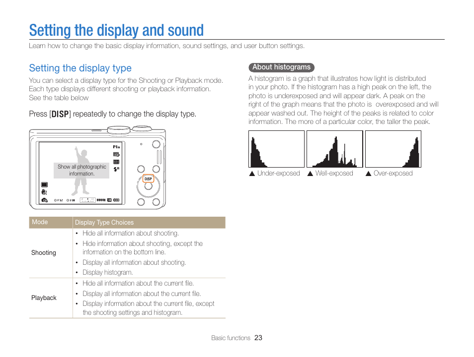 Setting the display and sound, Setting the display type, Setting the display type …………………… 23 | Samsung EC-WB700ZBPBCA User Manual | Page 24 / 130