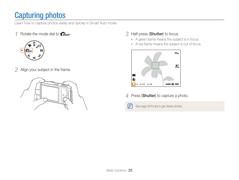 Capturing photos | Samsung EC-WB700ZBPBCA User Manual | Page 26 / 130