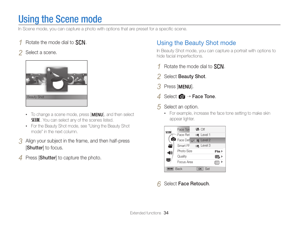 Using the scene mode, Using the beauty shot mode, Mode. (p. 34) | Using the beauty shot mode …………… 34 | Samsung EC-WB700ZBPBCA User Manual | Page 35 / 130