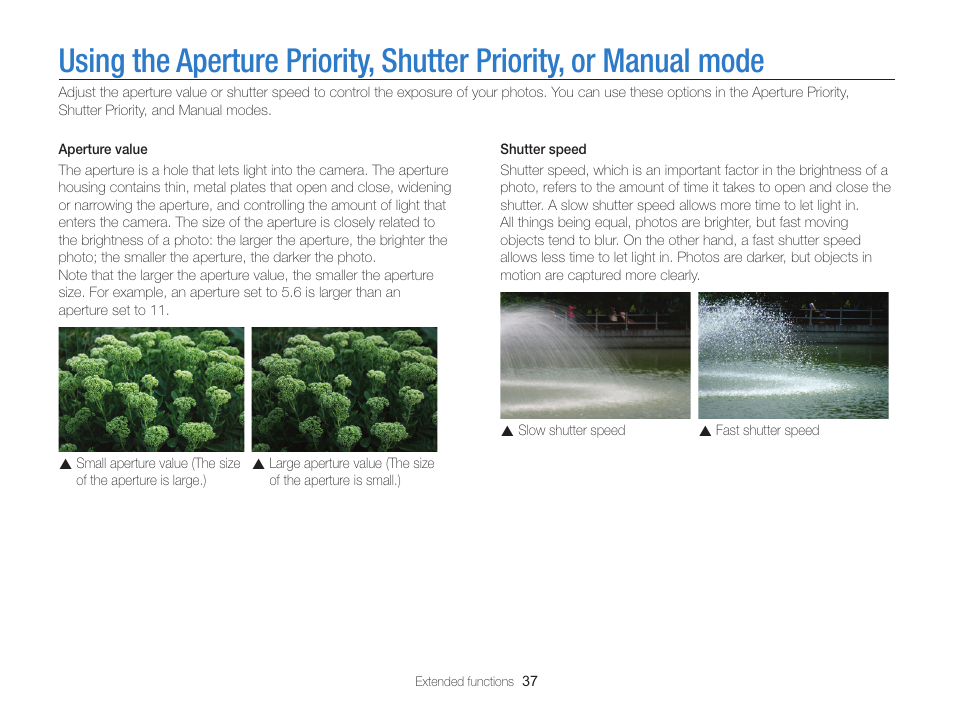 Using the aperture priority, Shutter priority, or manual mode | Samsung EC-WB700ZBPBCA User Manual | Page 38 / 130