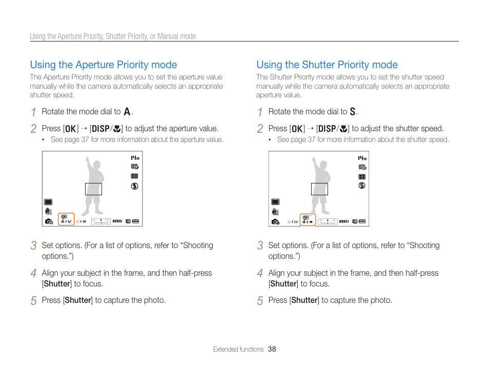 Using the aperture priority mode, Using the shutter priority mode, Using the aperture priority mode ………… 38 | Using the shutter priority mode ………… 38 | Samsung EC-WB700ZBPBCA User Manual | Page 39 / 130