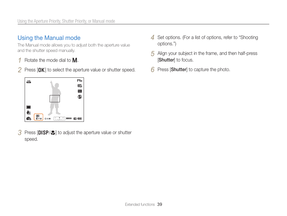 Using the manual mode, Using the manual mode ………………… 39 | Samsung EC-WB700ZBPBCA User Manual | Page 40 / 130
