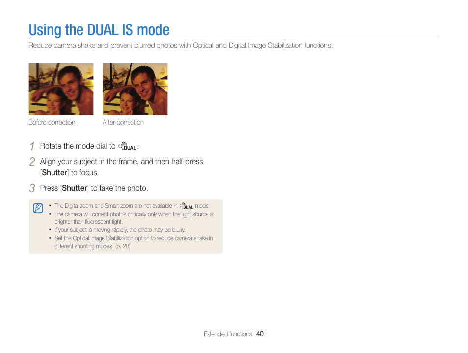 Using the dual is mode, Mode. (p. 40) | Samsung EC-WB700ZBPBCA User Manual | Page 41 / 130