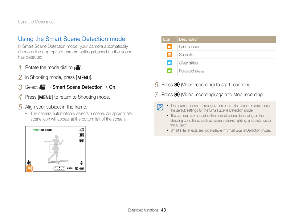 Using the smart scene detection mode, Using the smart scene detection mode … 43 | Samsung EC-WB700ZBPBCA User Manual | Page 44 / 130