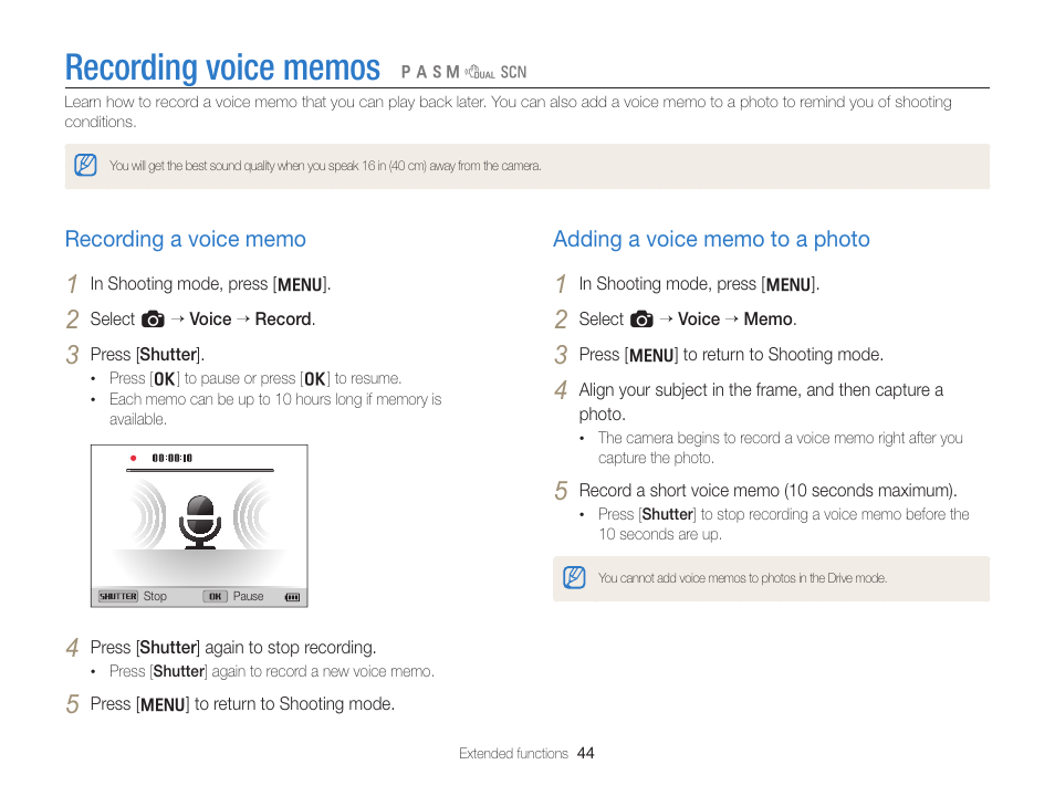 Recording voice memos, Recording a voice memo, Adding a voice memo to a photo | Recording a voice memo ………………… 44, Adding a voice memo to a photo ………… 44 | Samsung EC-WB700ZBPBCA User Manual | Page 45 / 130