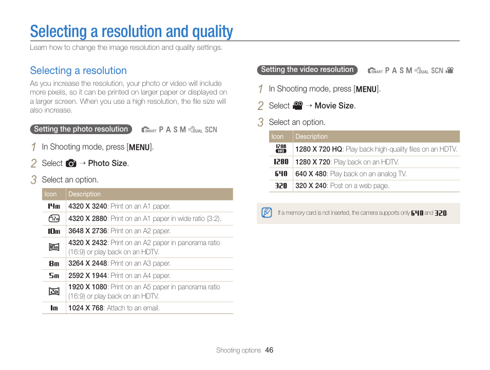 Selecting a resolution and quality, Selecting a resolution, Selecting a resolution …………………… 46 | Samsung EC-WB700ZBPBCA User Manual | Page 47 / 130