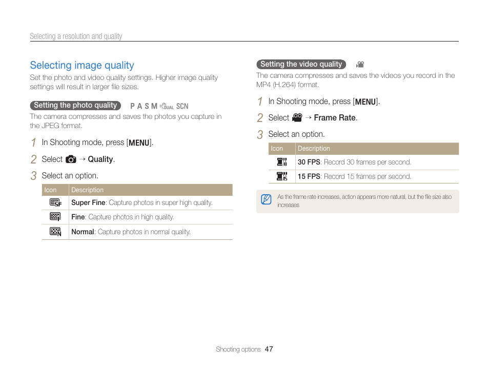 Selecting image quality, Selecting image quality …………………… 47 | Samsung EC-WB700ZBPBCA User Manual | Page 48 / 130