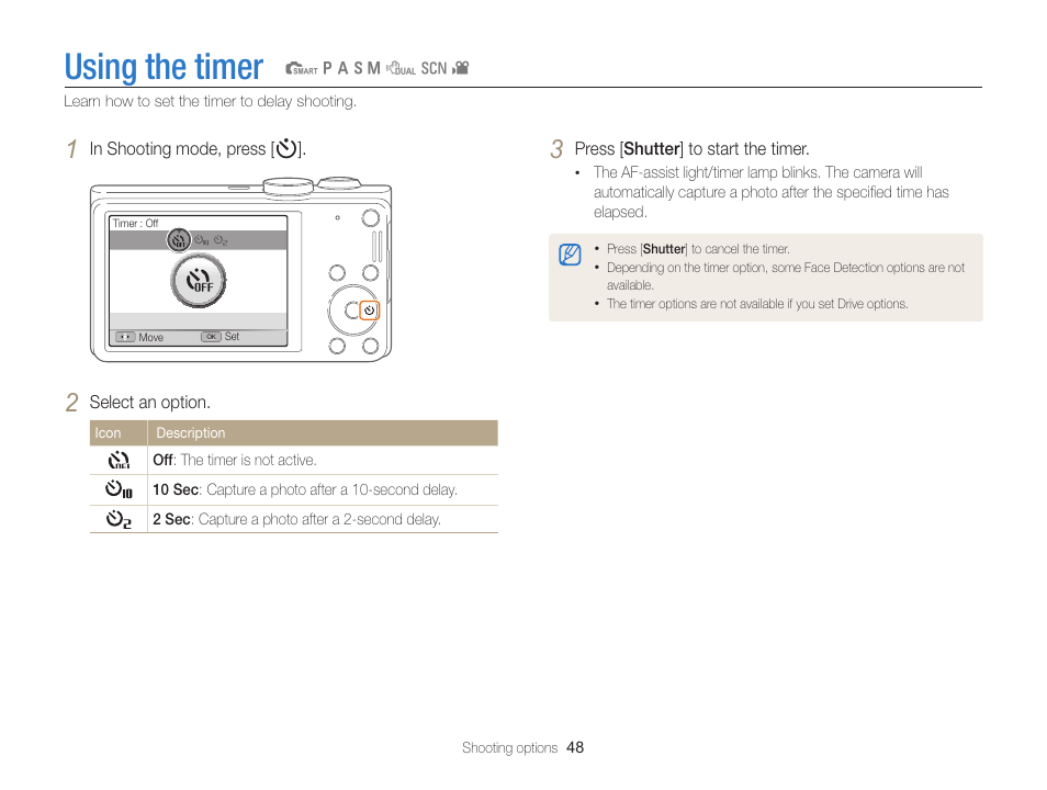 Using the timer | Samsung EC-WB700ZBPBCA User Manual | Page 49 / 130