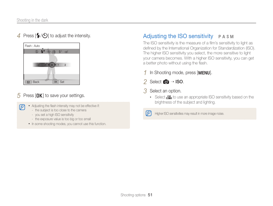 Adjusting the iso sensitivity, Set iso sensitivity options. (p. 51), Adjusting the iso sensitivity ……………… 51 | Samsung EC-WB700ZBPBCA User Manual | Page 52 / 130