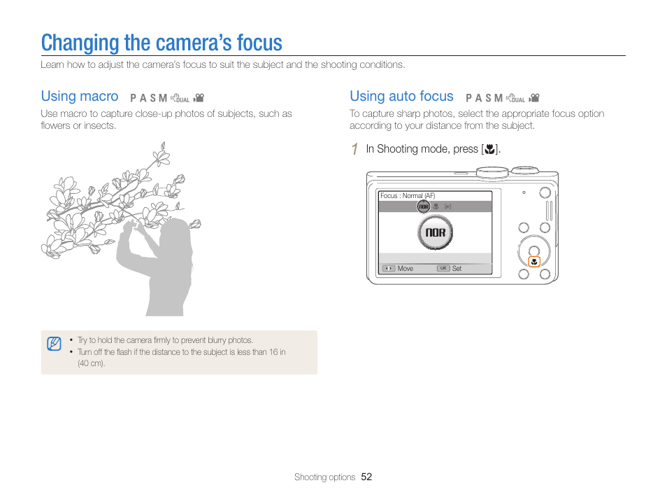 Changing the camera’s focus, Using macro, Using auto focus | Using macro ……………………………… 52, Using auto focus ………………………… 52 | Samsung EC-WB700ZBPBCA User Manual | Page 53 / 130