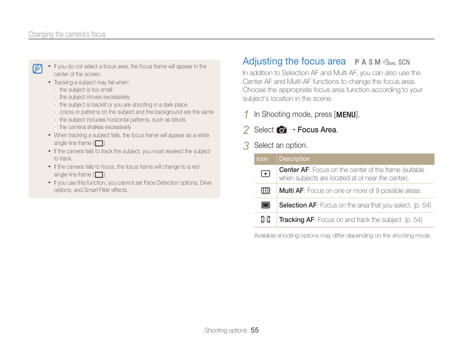 Adjusting the focus area, Adjusting the focus area ………………… 55 | Samsung EC-WB700ZBPBCA User Manual | Page 56 / 130