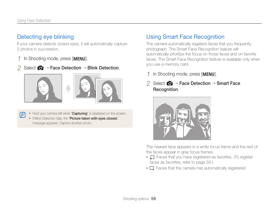 Detecting eye blinking, Using smart face recognition, Detecting eye blinking …………………… 58 | Using smart face recognition …………… 58 | Samsung EC-WB700ZBPBCA User Manual | Page 59 / 130