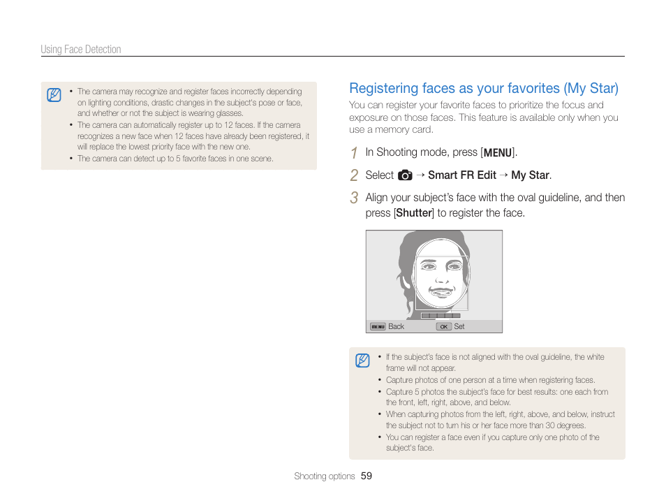 Registering faces as your favorites (my star), Registering faces as your favorites, My star) ………………………………… 59 | Samsung EC-WB700ZBPBCA User Manual | Page 60 / 130