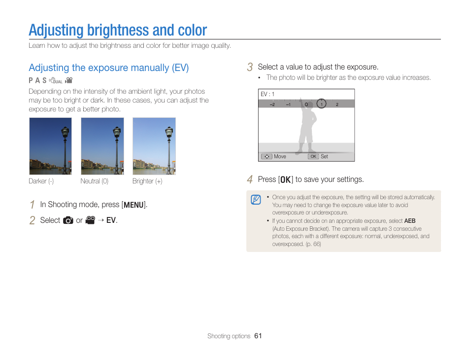 Adjusting brightness and color, Adjusting the exposure manually (ev), Adjust the exposure. (p. 61) | Adjusting the exposure manually (ev) …… 61 | Samsung EC-WB700ZBPBCA User Manual | Page 62 / 130