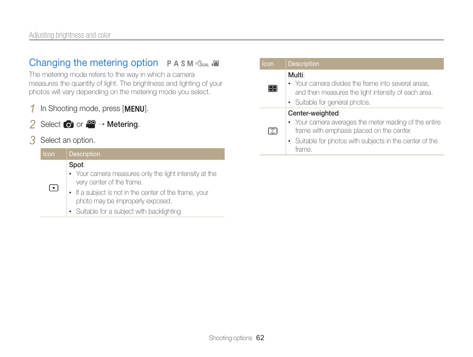 Changing the metering option, Changing the metering option …………… 62 | Samsung EC-WB700ZBPBCA User Manual | Page 63 / 130