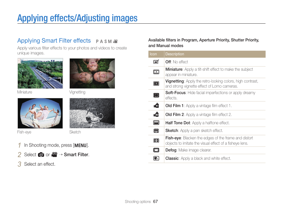 Applying effects/adjusting images, Applying smart filter effects, Applying smart filter effects ……………… 67 | Samsung EC-WB700ZBPBCA User Manual | Page 68 / 130