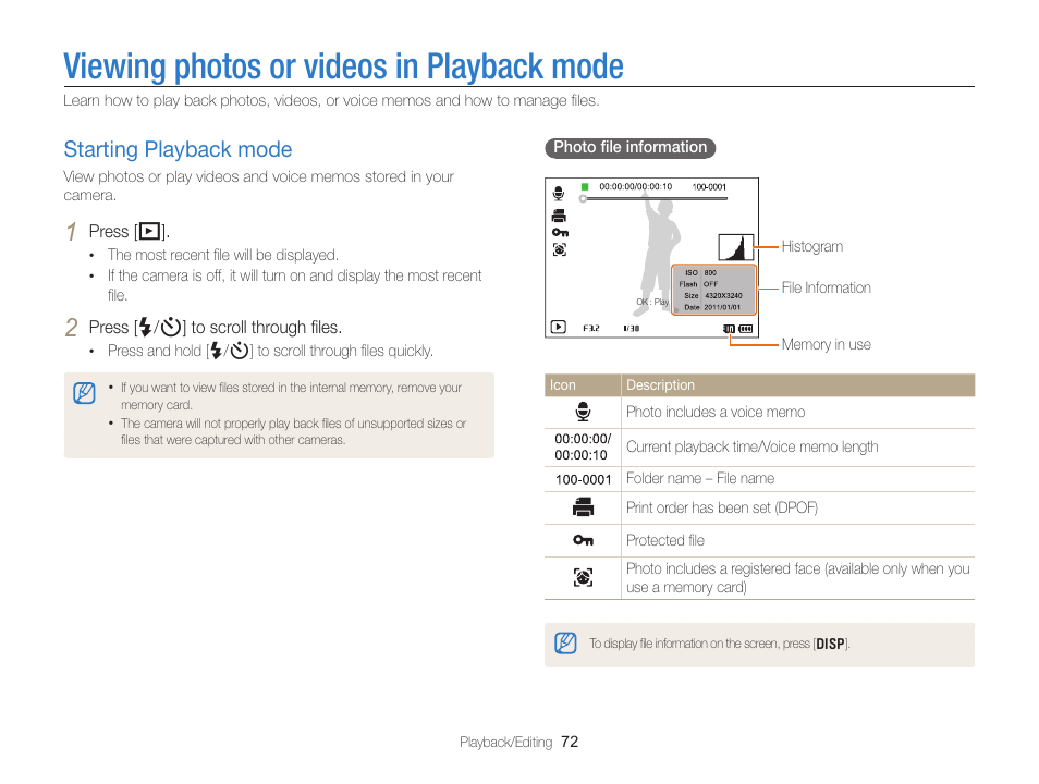 Viewing photos or videos in playback mode, Starting playback mode, Viewing photos or videos in | Playback mode, Starting playback mode ………………… 72 | Samsung EC-WB700ZBPBCA User Manual | Page 73 / 130