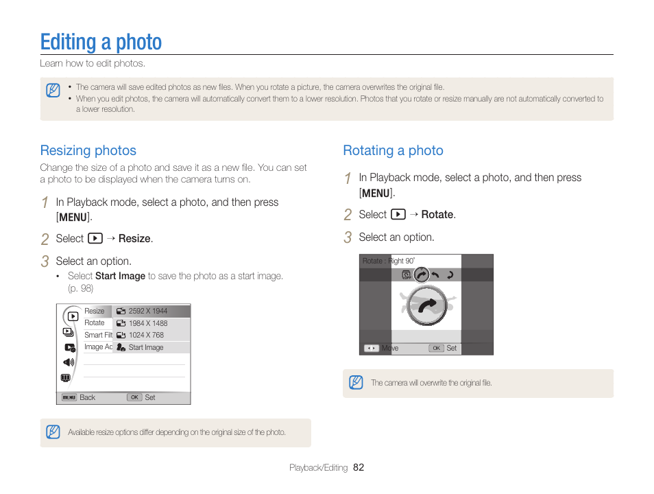 Editing a photo, Resizing photos, Rotating a photo | Resizing photos …………………………… 82, Rotating a photo ………………………… 82 | Samsung EC-WB700ZBPBCA User Manual | Page 83 / 130