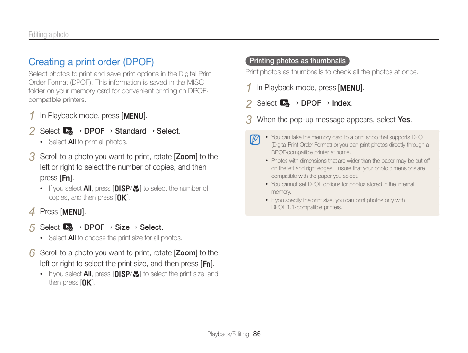 Creating a print order (dpof), Creating a print order (dpof) …………… 86 | Samsung EC-WB700ZBPBCA User Manual | Page 87 / 130