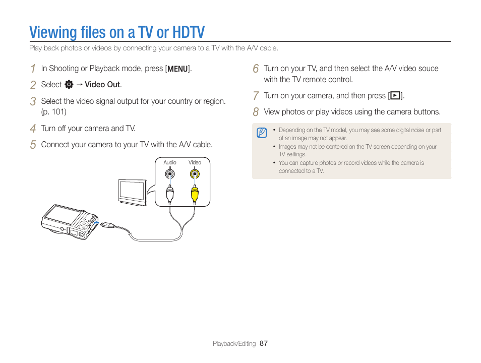 Viewing files on a tv or hdtv, Viewing ﬁles on a tv or hdtv | Samsung EC-WB700ZBPBCA User Manual | Page 88 / 130