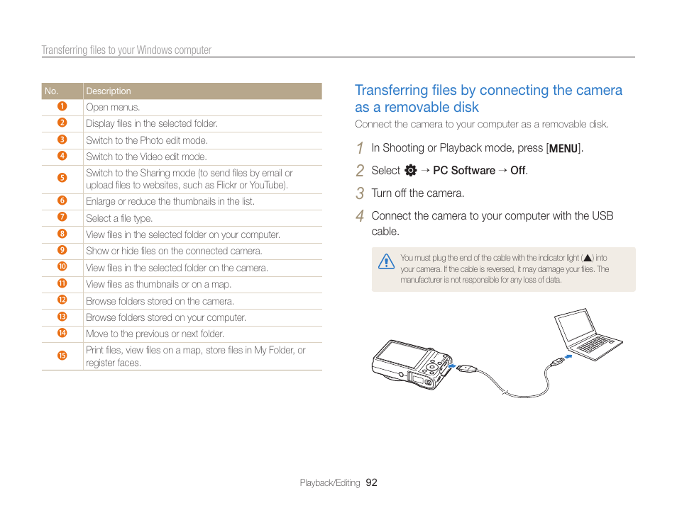 Transferring ﬁles by connecting the camera as a, Removable disk, Transferring ﬁles by connecting | The camera as a removable disk ………… 92 | Samsung EC-WB700ZBPBCA User Manual | Page 93 / 130