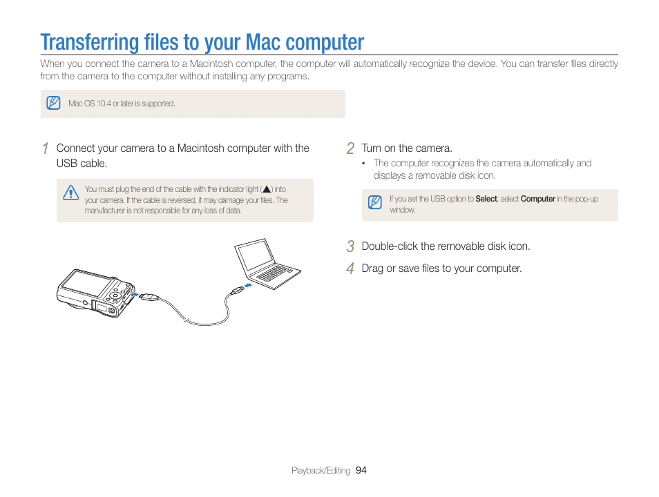 Transferring files to your mac computer, Transferring ﬁles to your mac computer | Samsung EC-WB700ZBPBCA User Manual | Page 95 / 130