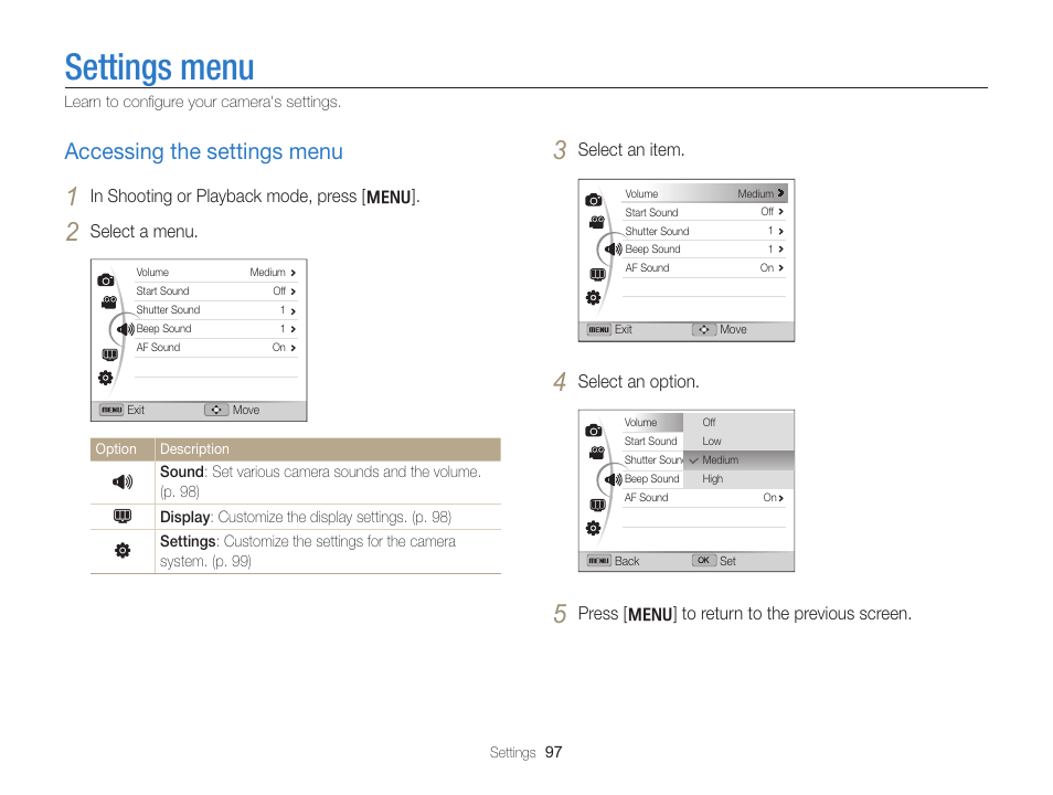 Settings menu, Accessing the settings menu, Accessing the settings menu ……………………… 97 | Samsung EC-WB700ZBPBCA User Manual | Page 98 / 130