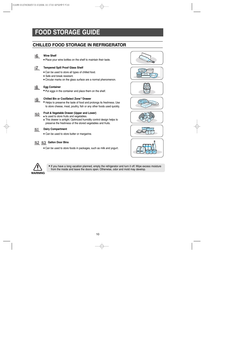 Food storage guide, Chilled food storage in refrigerator | Samsung RH269LBSH-XAA User Manual | Page 10 / 60