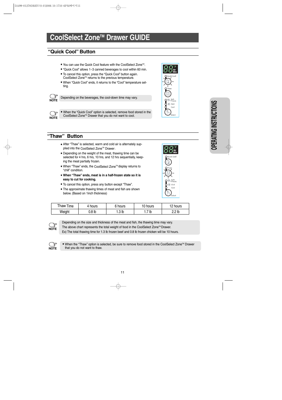 Coolselect zonetm drawer guide, Coolselect zone, Drawer guide | Opera ting instr uctions, Thaw” button, Quick cool” button | Samsung RH269LBSH-XAA User Manual | Page 11 / 60