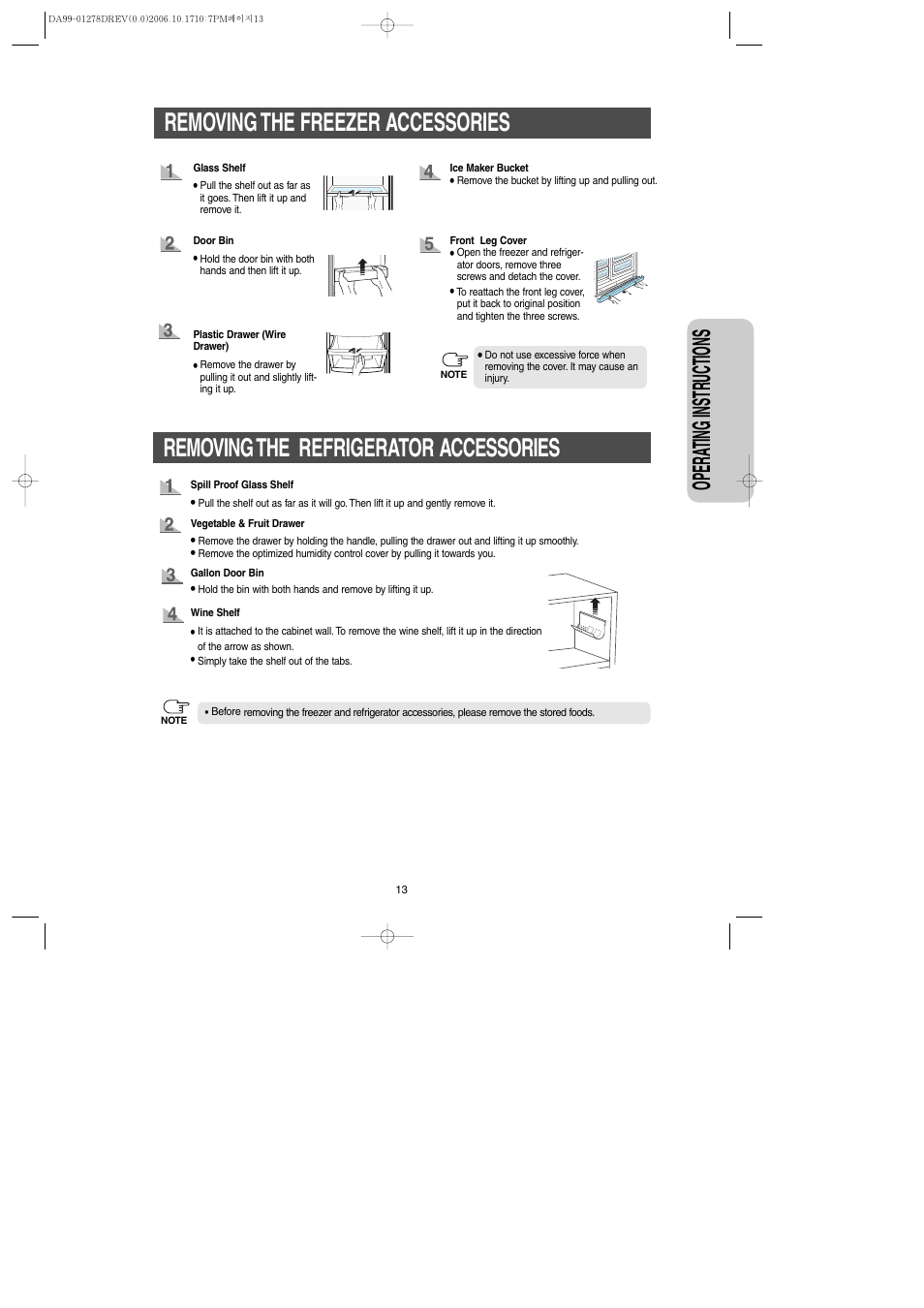 Removing the freezer accessories, Removing the refrigerator accessories, Opera ting instr uctions | Samsung RH269LBSH-XAA User Manual | Page 13 / 60