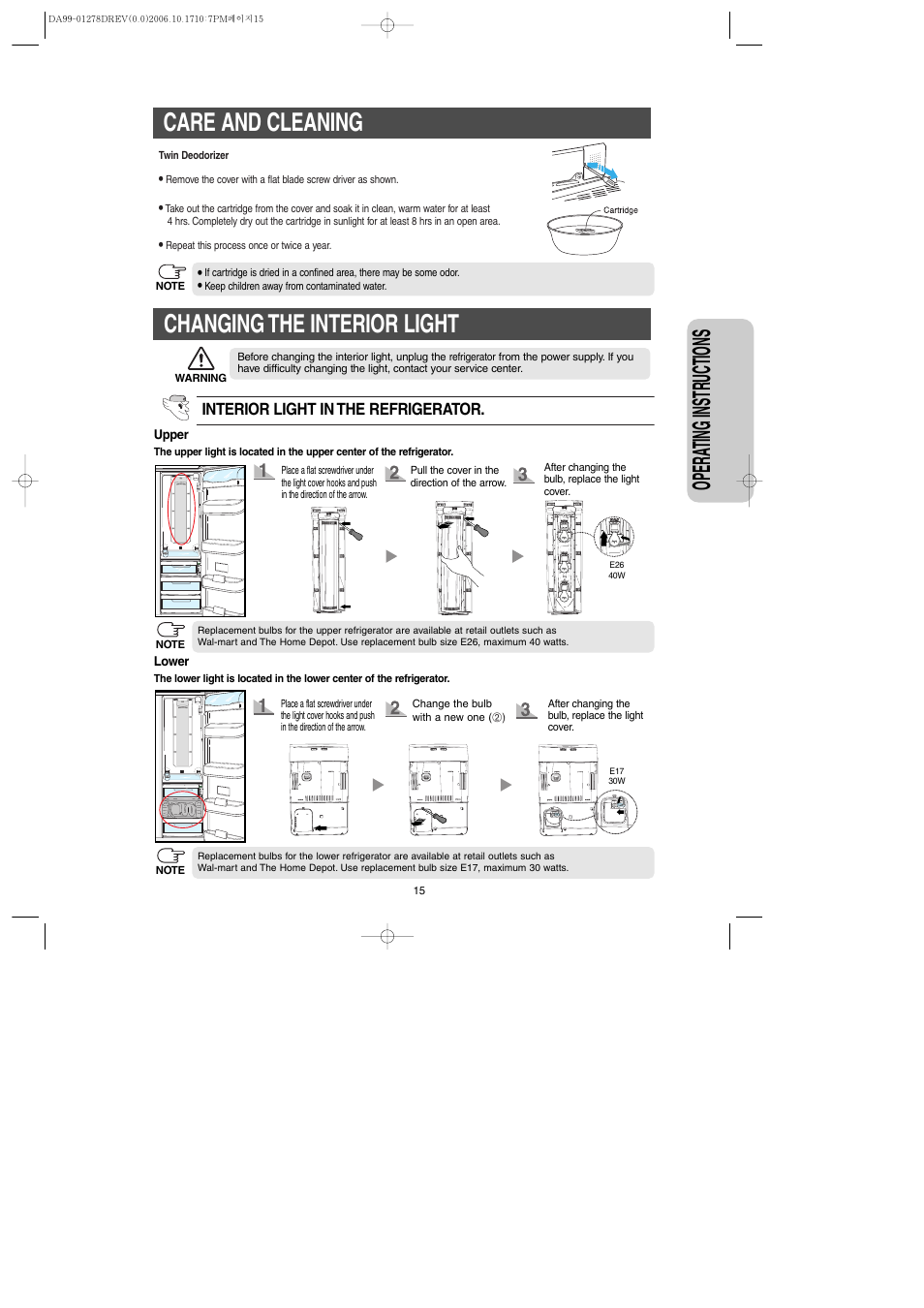 Changing the interior light, Care and cleaning, Opera ting instr uctions | Samsung RH269LBSH-XAA User Manual | Page 15 / 60