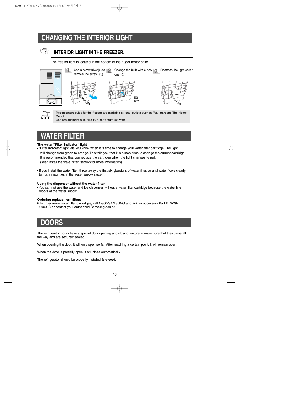 Water filter, Doors, Changing the interior light | Samsung RH269LBSH-XAA User Manual | Page 16 / 60